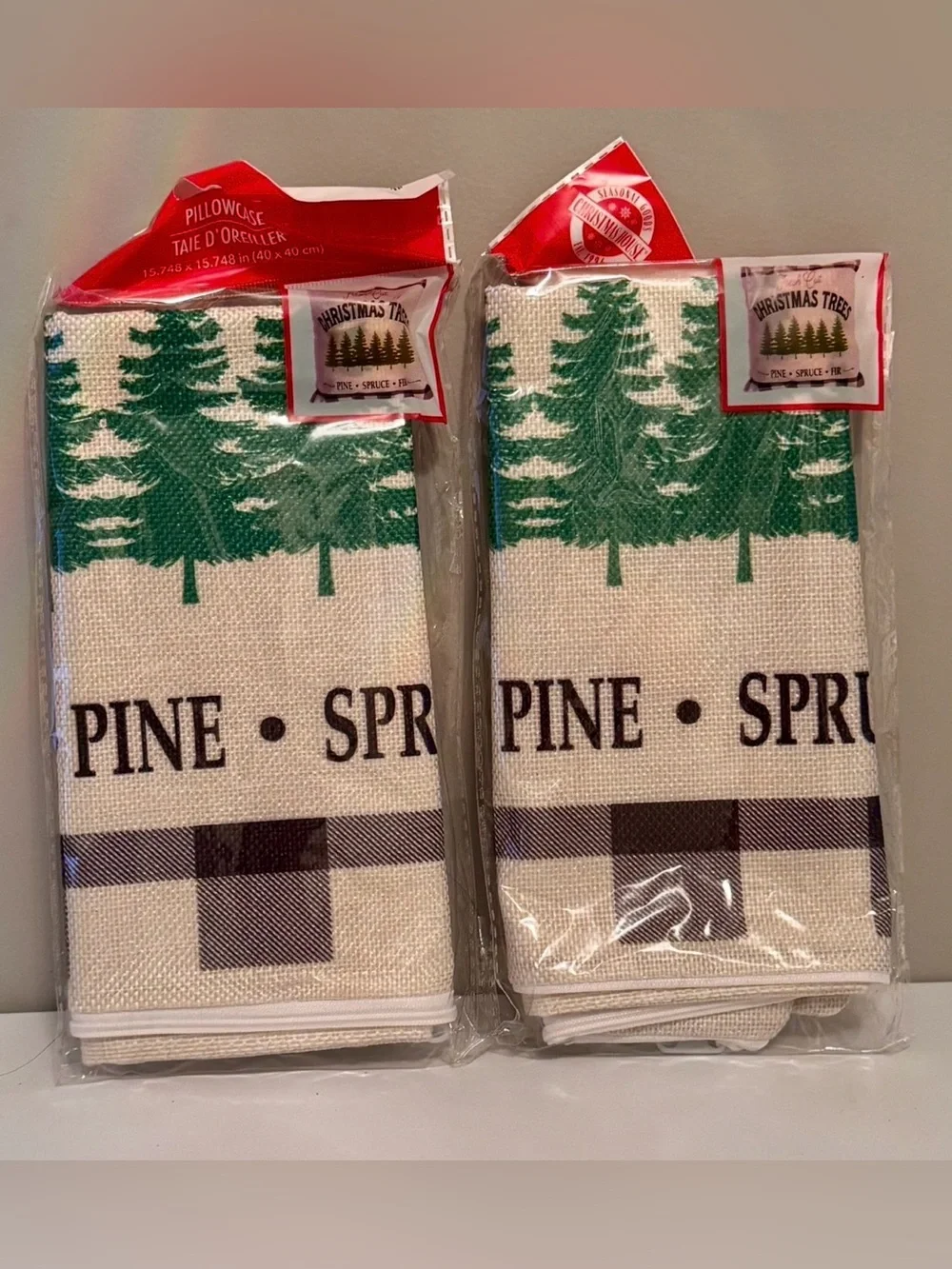 New Pair of Christmas Tree Pine Print Pillow Covers - Green & Black